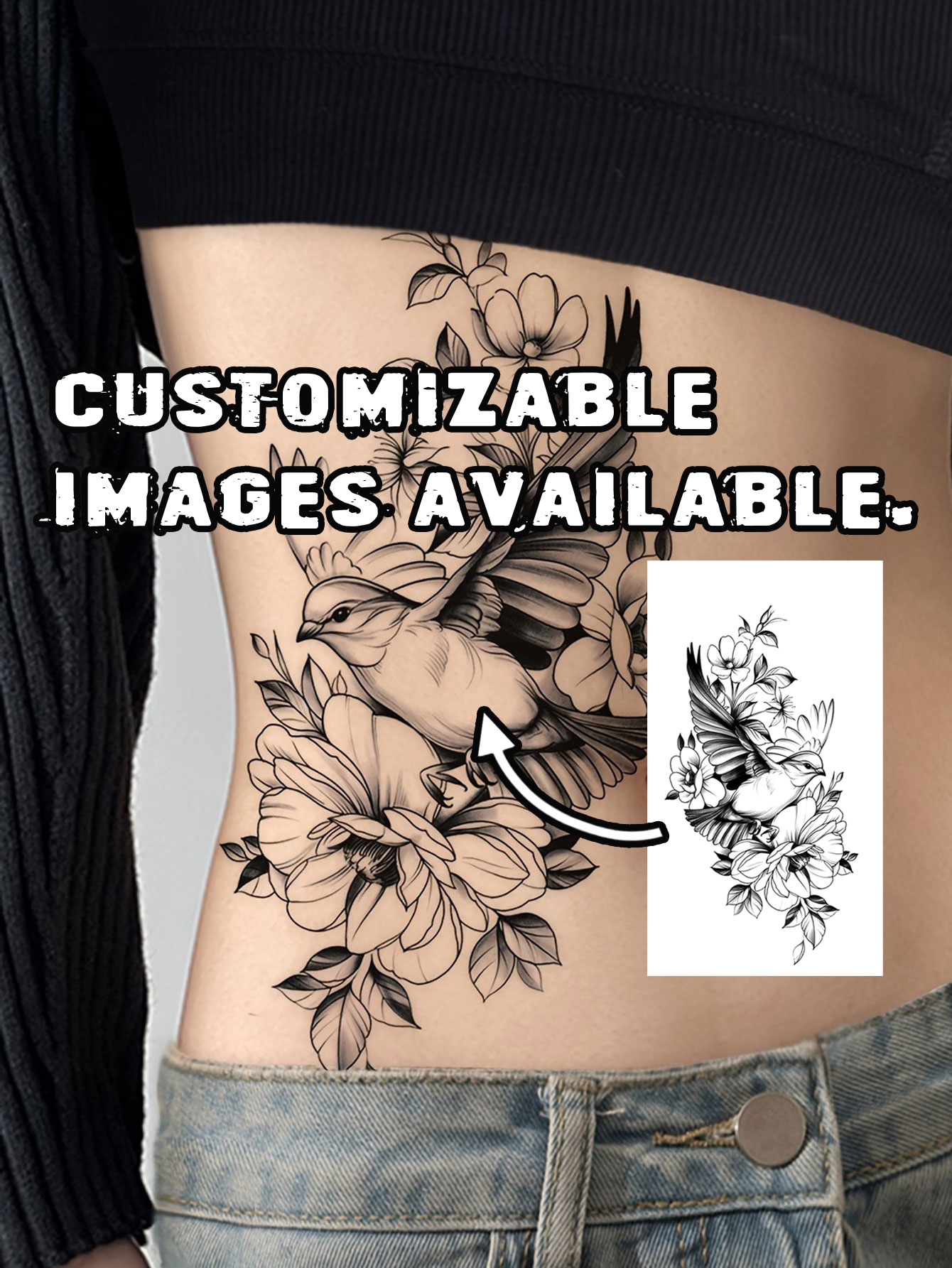 Fashionable Bird and Flower Tattoo Sticker Design
